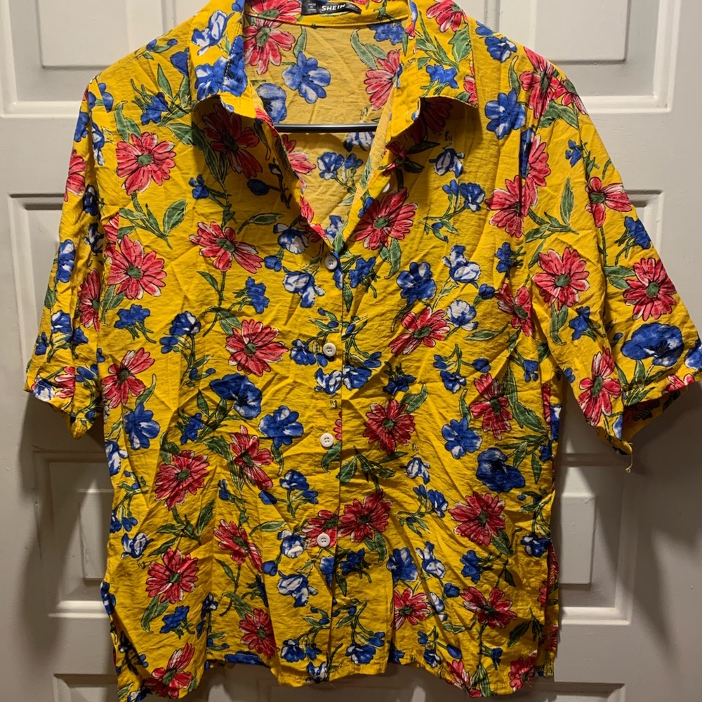 A bright flowery button down blouse from SHEIN! Size M